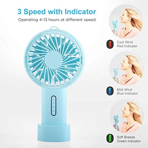 IPOW Mini Handheld Fan Personal Portable Fan 3 Speed Adjustable Angle Removable Base Lanyard USB Recharging Battery Operated