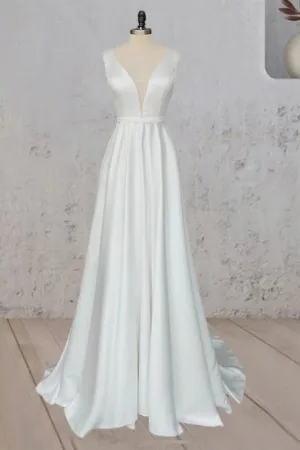 Ivory A-Line V Neck Straps Satin Elegant Wedding Dress TD0003