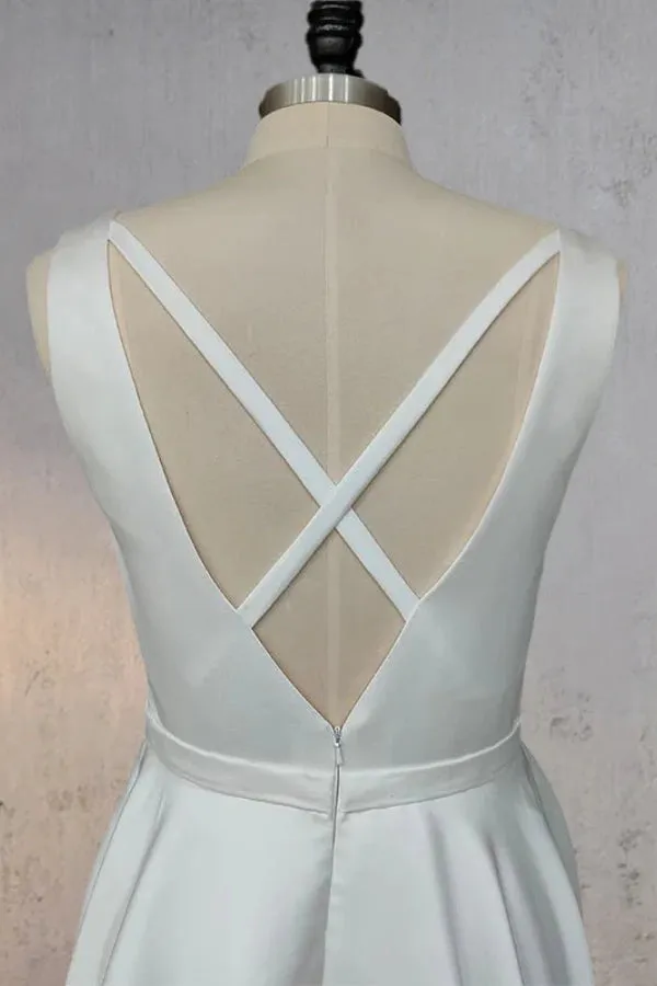 Ivory A-Line V Neck Straps Satin Elegant Wedding Dress TD0003