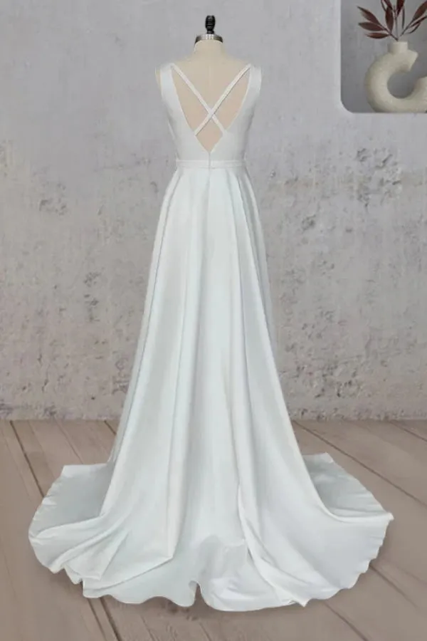 Ivory A-Line V Neck Straps Satin Elegant Wedding Dress TD0003