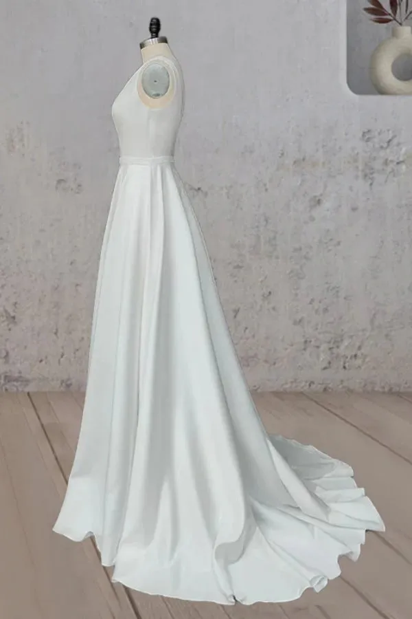 Ivory A-Line V Neck Straps Satin Elegant Wedding Dress TD0003