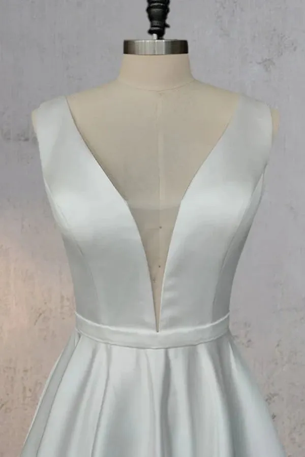 Ivory A-Line V Neck Straps Satin Elegant Wedding Dress TD0003