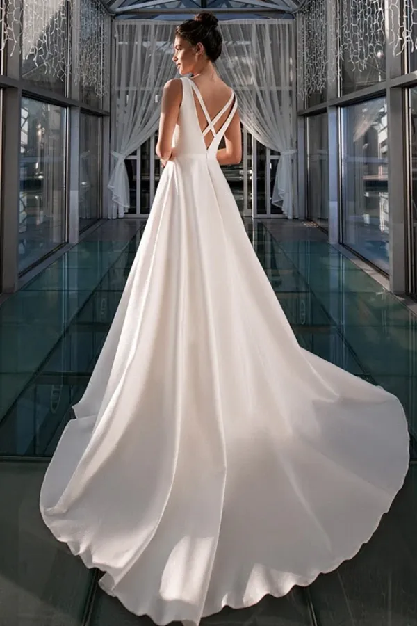 Ivory A-Line V Neck Straps Satin Elegant Wedding Dress TD0003