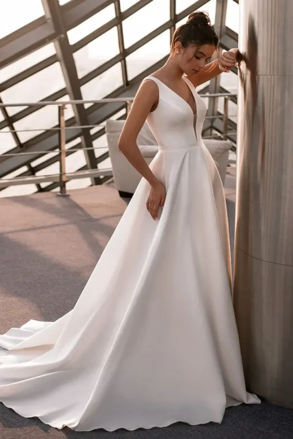 Ivory A-Line V Neck Straps Satin Elegant Wedding Dress TD0003