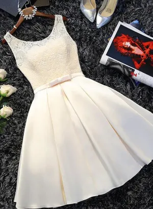 Ivory Satin Lace Round Neckline Knee Length Party Dress, Short Prom Dress