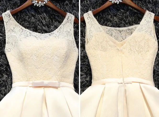 Ivory Satin Lace Round Neckline Knee Length Party Dress, Short Prom Dress