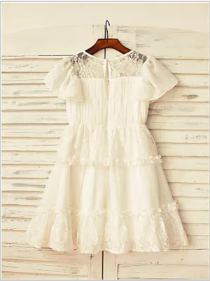Lace Chiffon Princess Scoop Short Sleeves Flower Girl Dresses Floor Length Dress