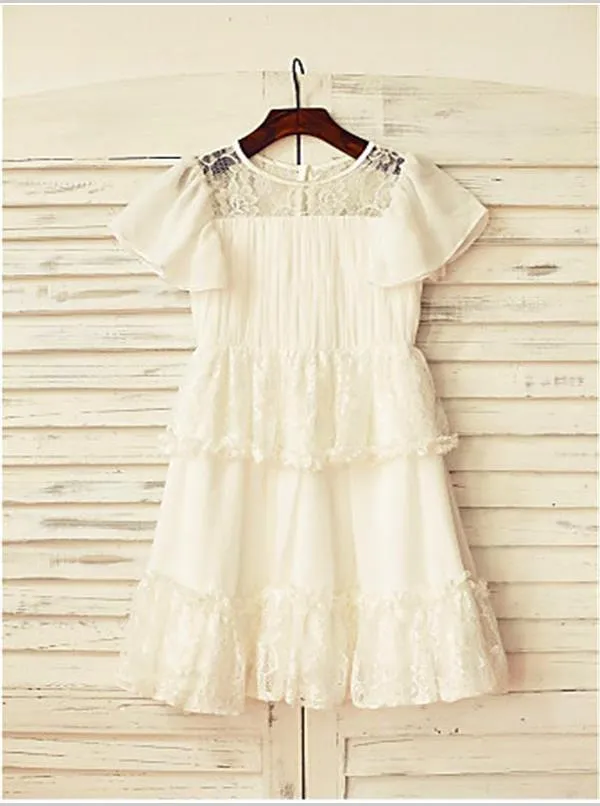 Lace Chiffon Princess Scoop Short Sleeves Flower Girl Dresses Floor Length Dress