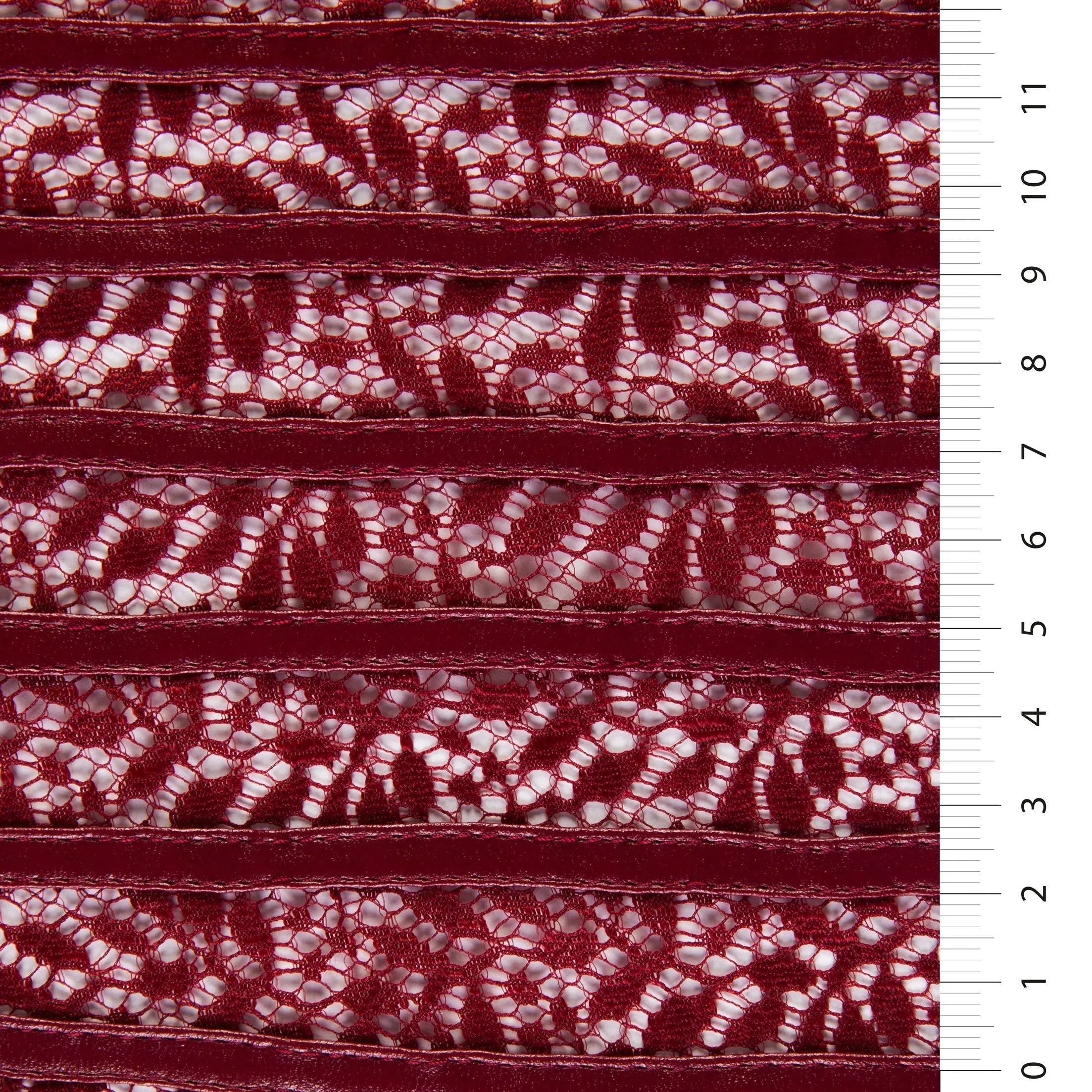 Laser Cut Faux Leather Striped Lace Burgundy Embroidery