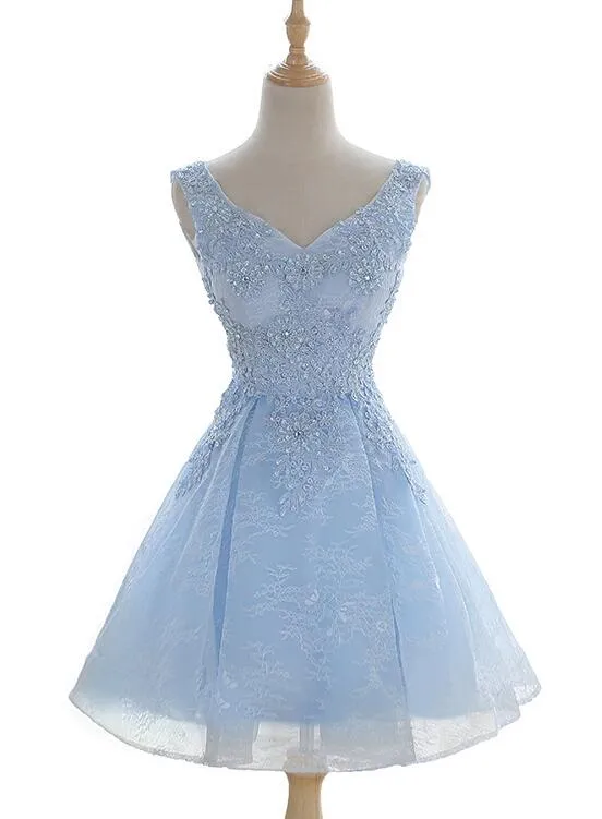 Light Blue Cute V-neckline Lace Short Party Dress, Lace Formal Dress, Lace Party Dresses