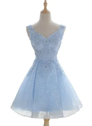 Light Blue Cute V-neckline Lace Short Party Dress, Lace Formal Dress, Lace Party Dresses