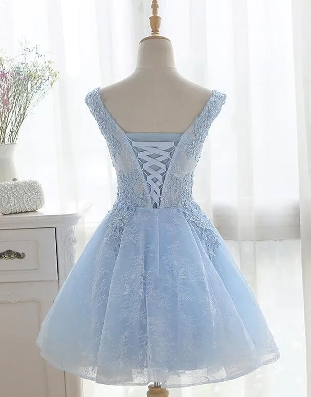 Light Blue Cute V-neckline Lace Short Party Dress, Lace Formal Dress, Lace Party Dresses