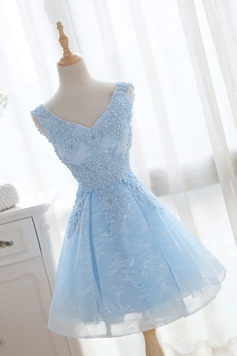 Light Blue Cute V-neckline Lace Short Party Dress, Lace Formal Dress, Lace Party Dresses