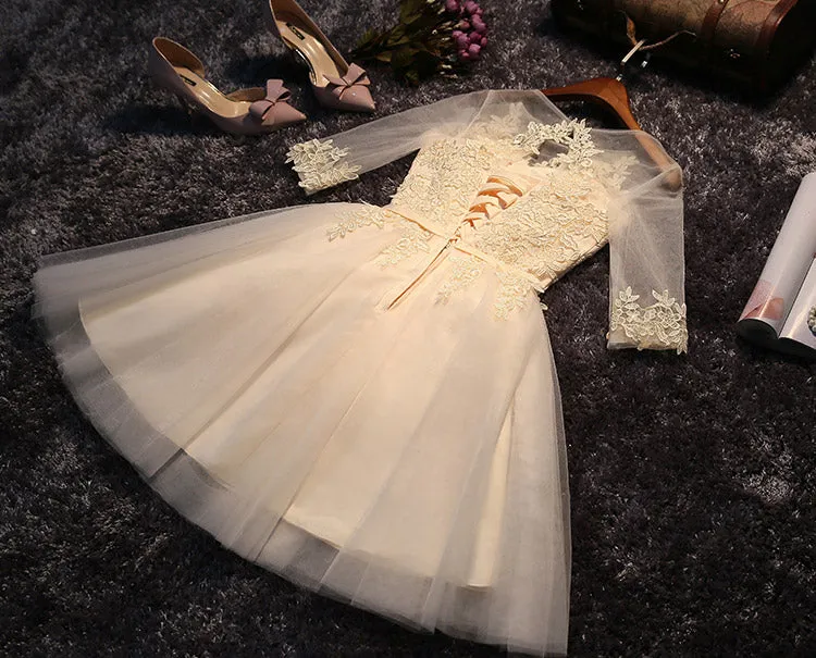 Light Champagne Round Neckline 1/2 Sleeves Tulle Party Dress, Lovely Teen Party Dresses