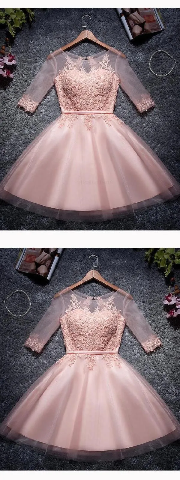 Light Champagne Round Neckline 1/2 Sleeves Tulle Party Dress, Lovely Teen Party Dresses