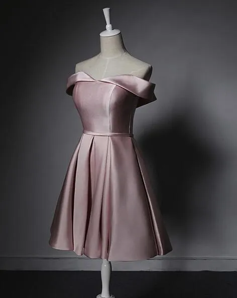 Light Pink Homecoming Dress, Off Shoulder Satin Short Party Dress with Belt, Prom Dress