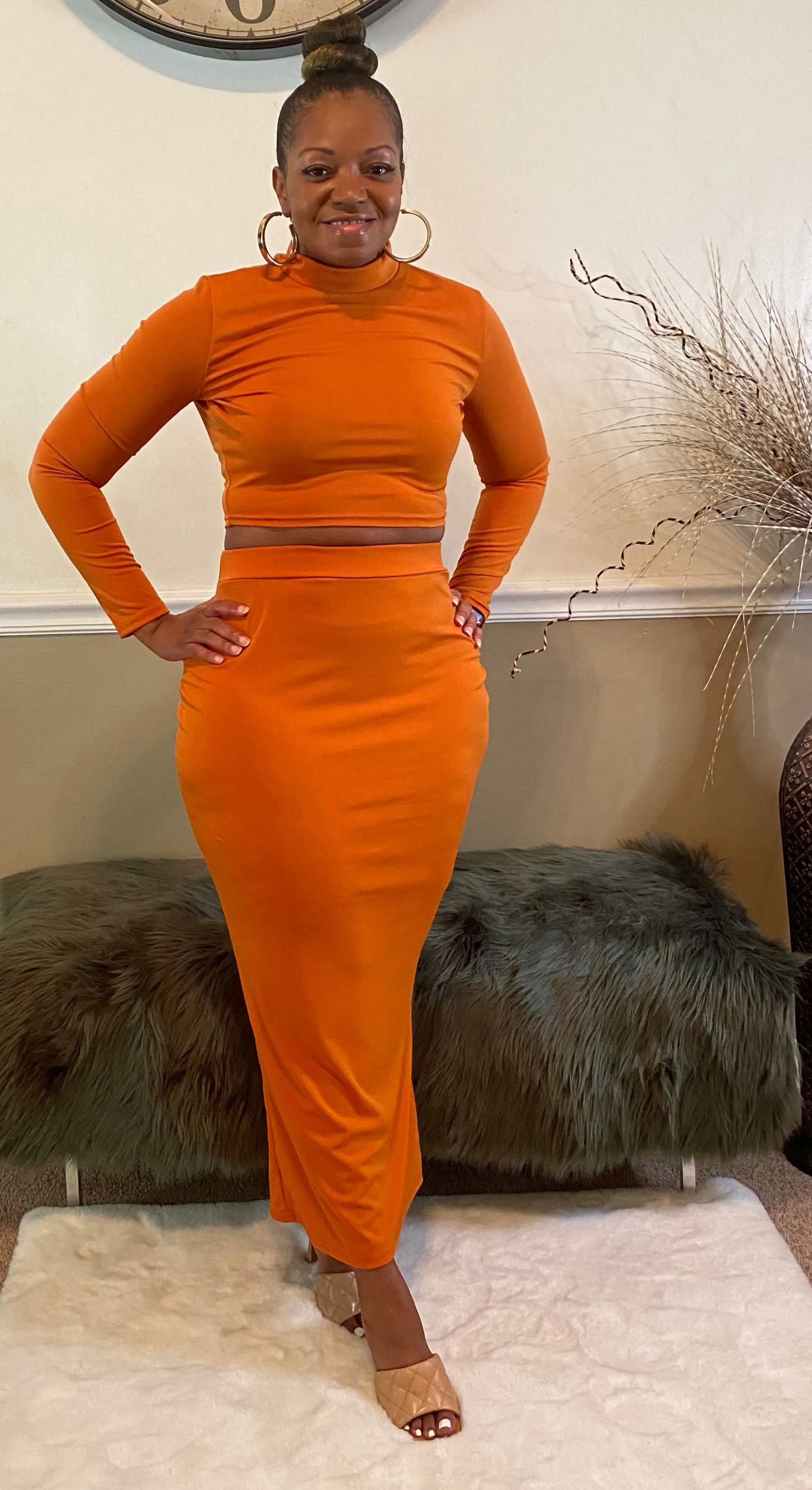 Long Sleeve Crop Burnt Orange 2PC Set