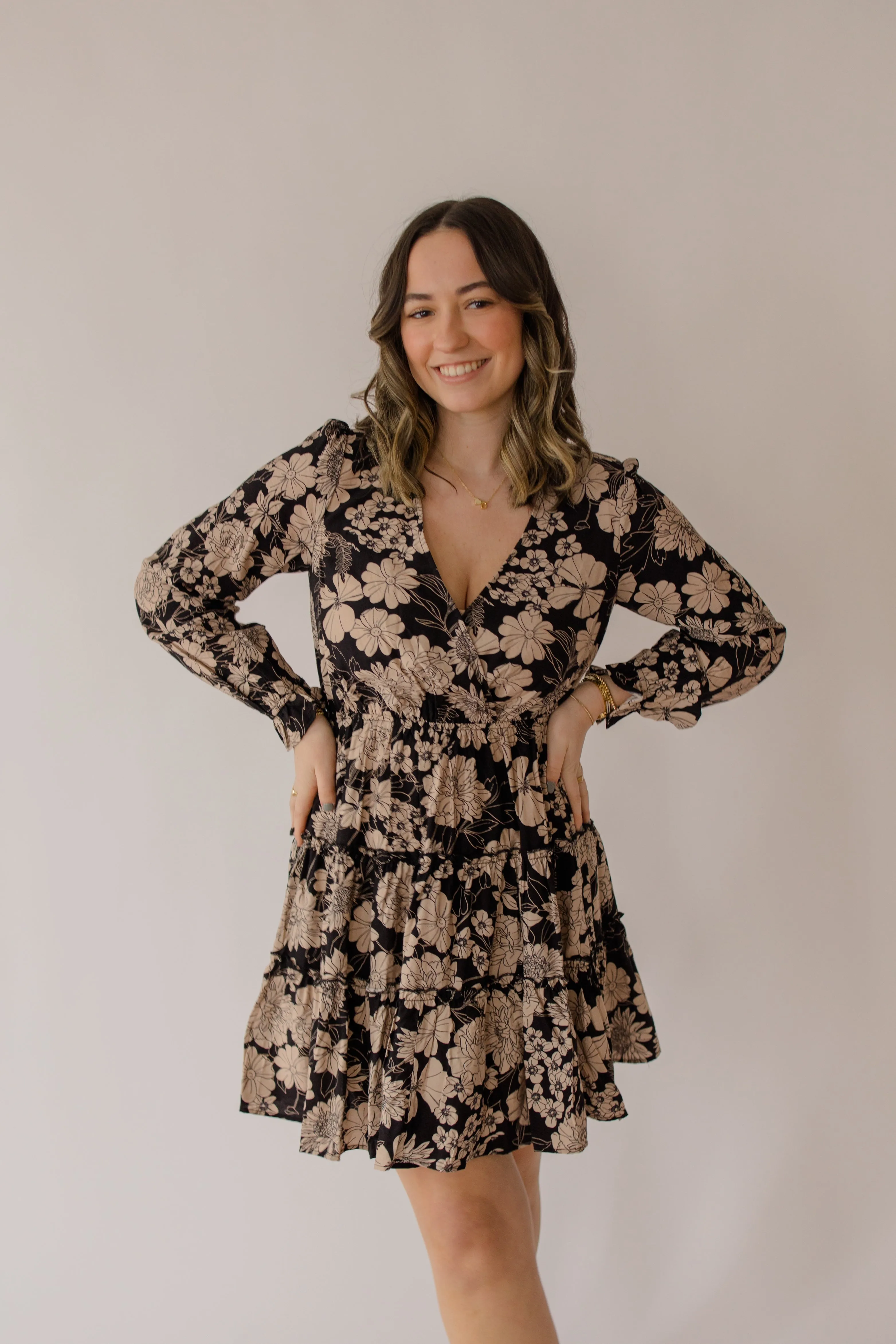 Long Sleeve Floral Tiered Mini Dress