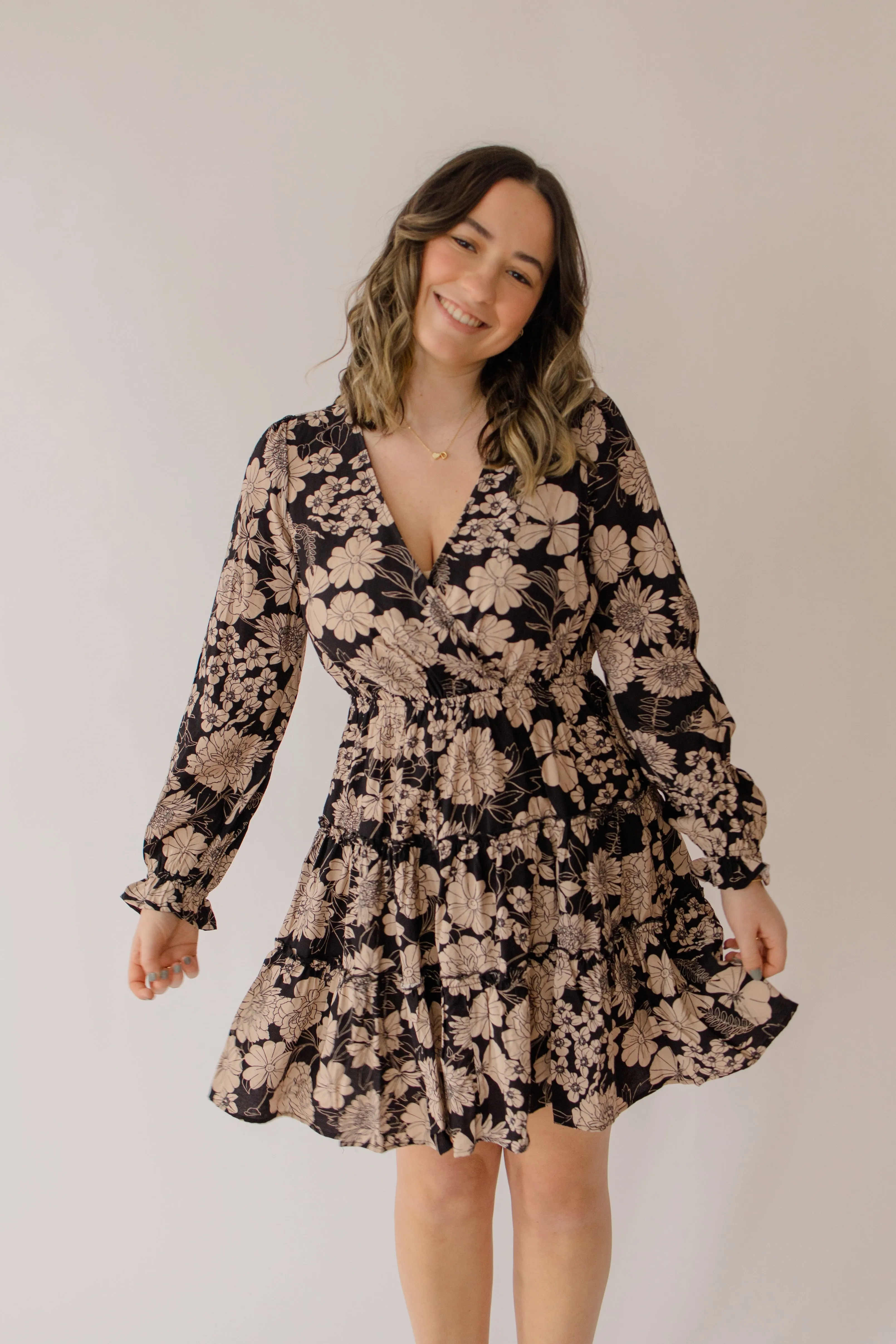 Long Sleeve Floral Tiered Mini Dress