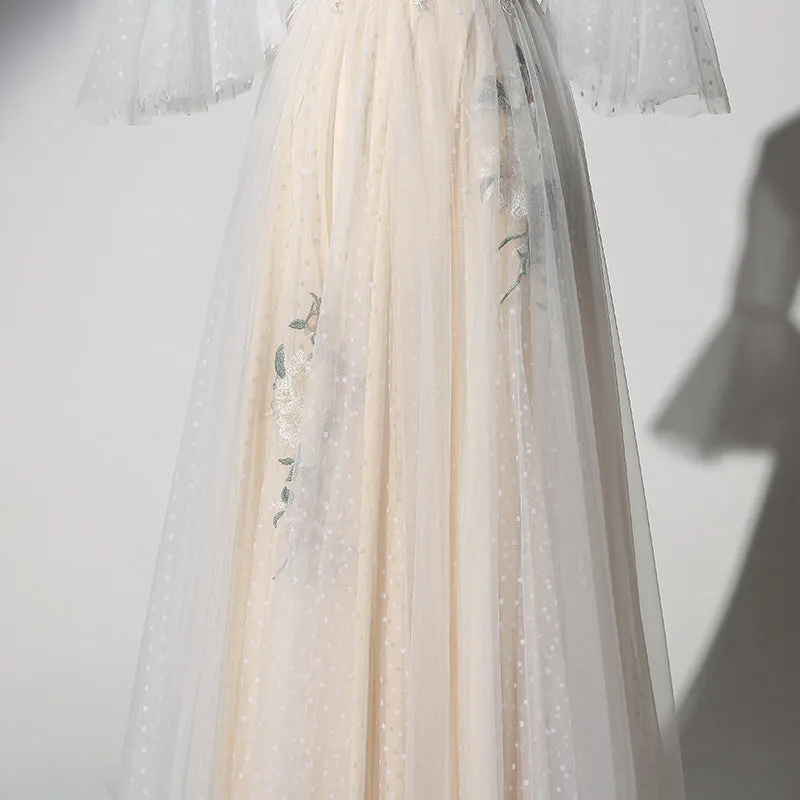 Lovely Tulle Champagne Long Party Dress with Lace Applique, Prom Gown