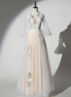 Lovely Tulle Champagne Long Party Dress with Lace Applique, Prom Gown