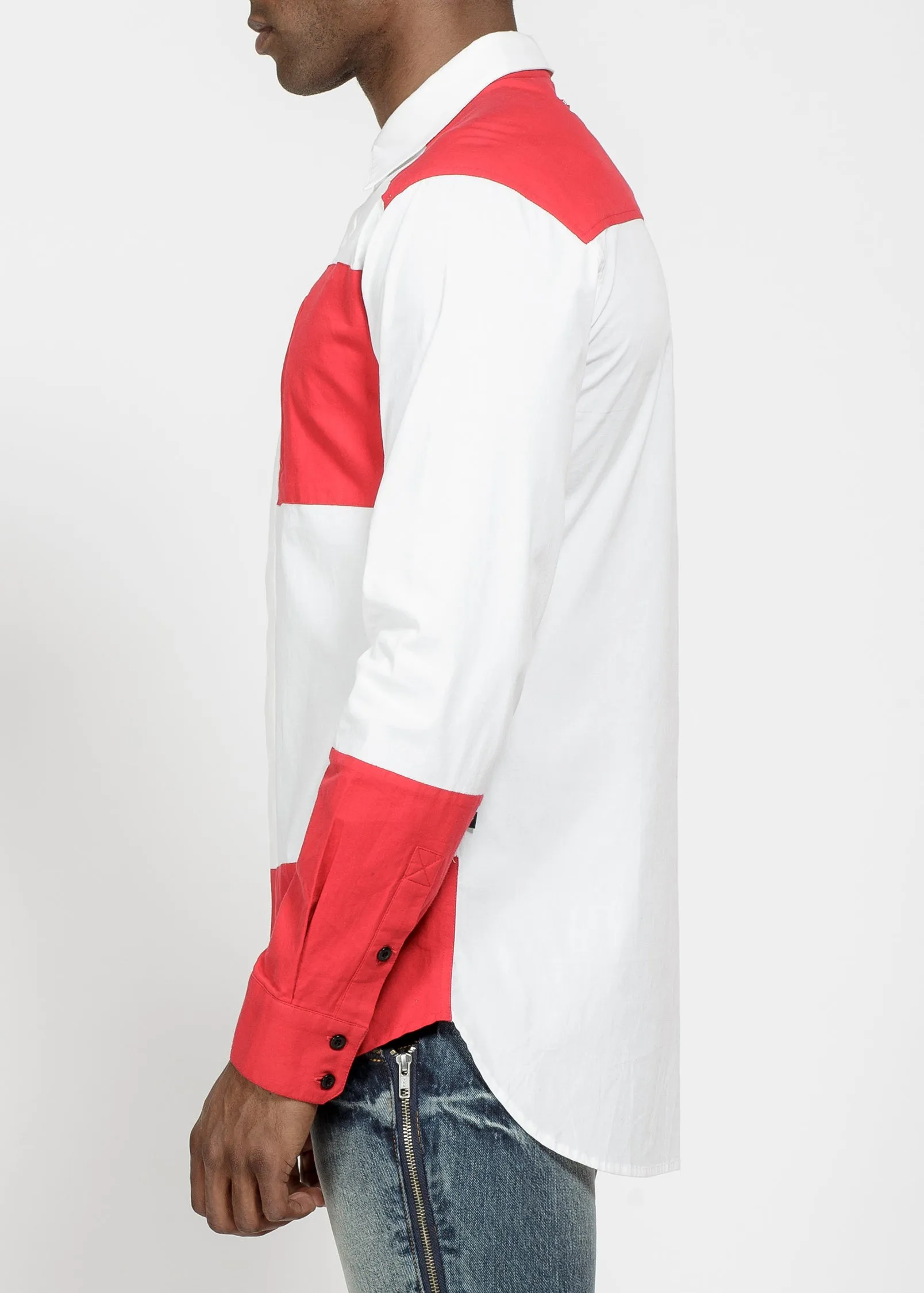 Men's Zip Pocket Button Up in White Burgundy
