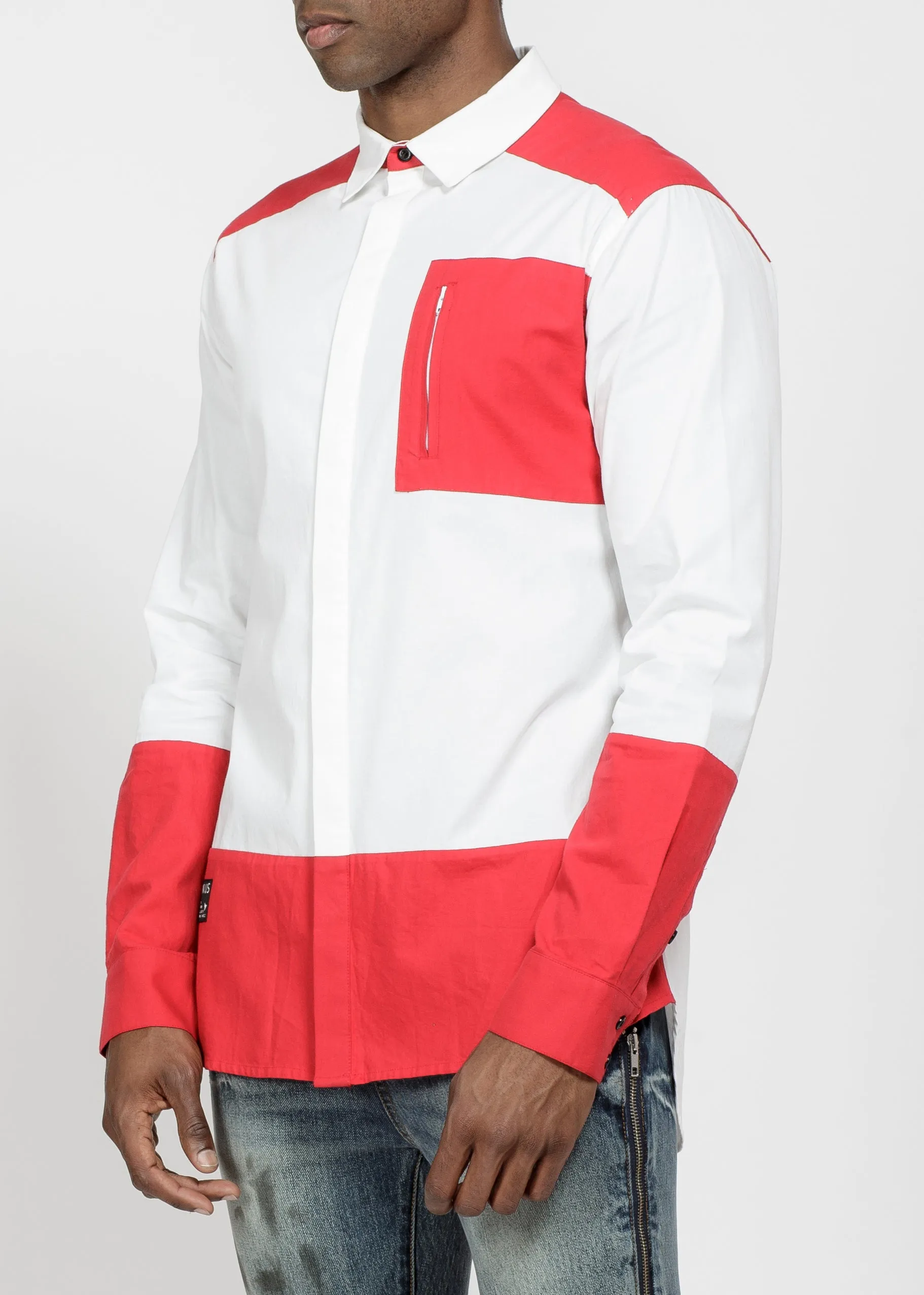 Men's Zip Pocket Button Up in White Burgundy