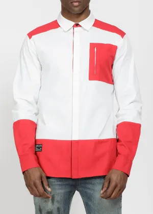 Men's Zip Pocket Button Up in White Burgundy