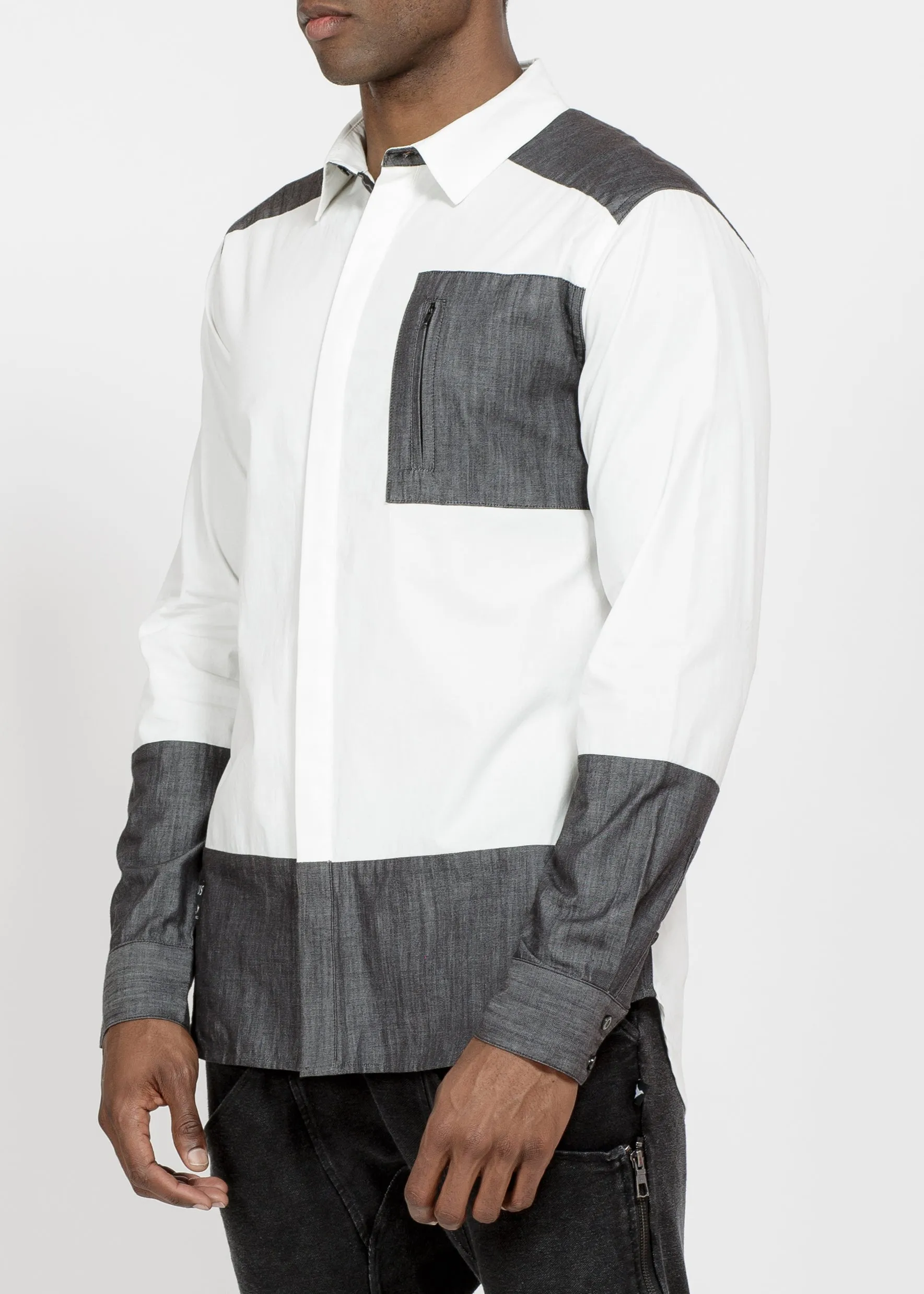 Men's Zip Pocket Button Up in White Grey