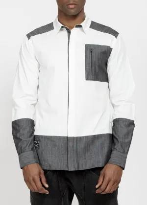 Men's Zip Pocket Button Up in White Grey