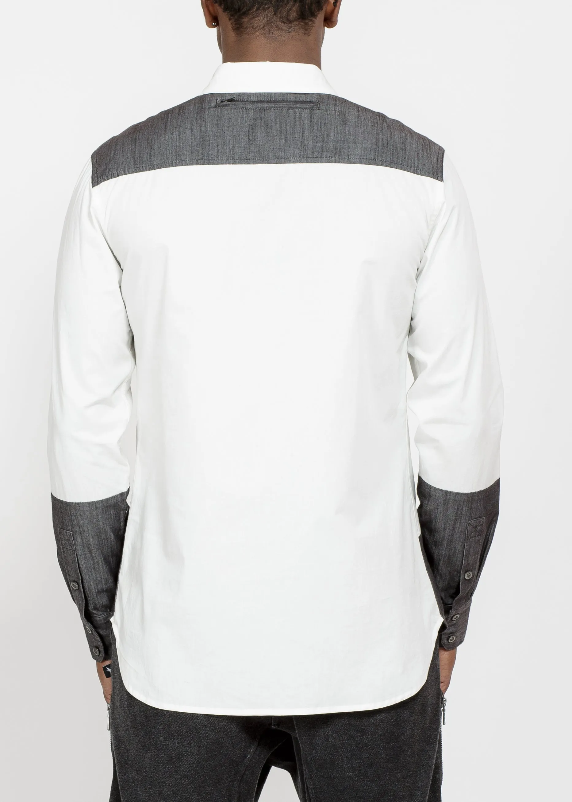 Men's Zip Pocket Button Up in White Grey