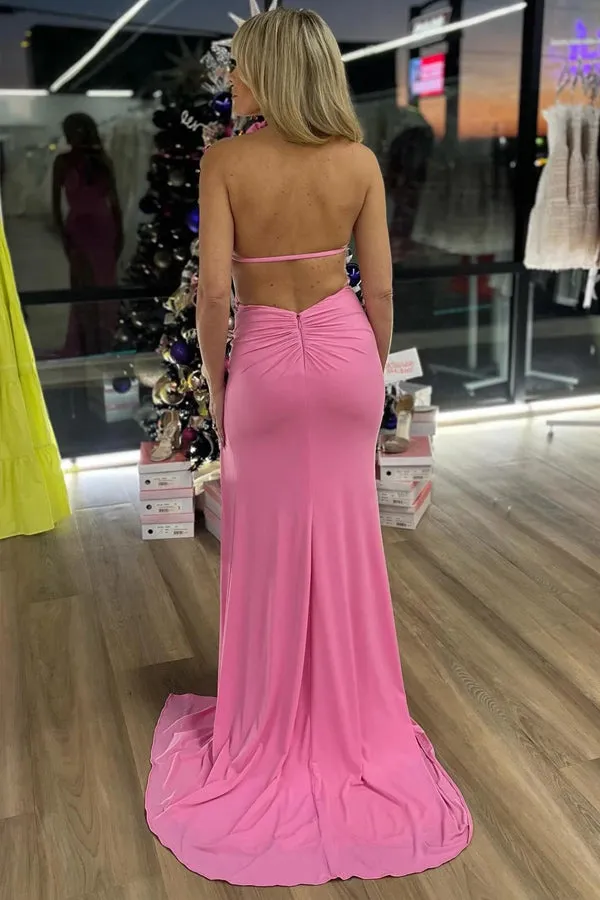 Mermaid Halter Rosette Pink Long Prom Dress Split Party Dress TP1382