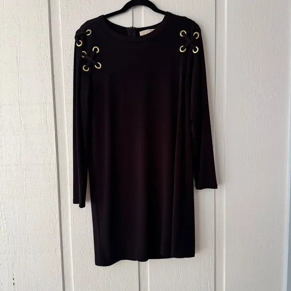 Michael Kors Black Dress Long Sleeve Gold Detail Mini Dress Size L
