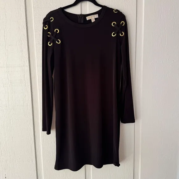 Michael Kors Black Dress Long Sleeve Gold Detail Mini Dress Size L
