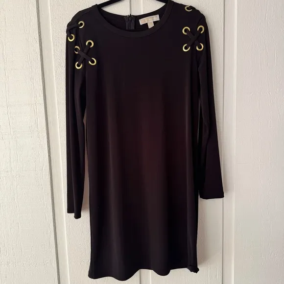 Michael Kors Black Dress Long Sleeve Gold Detail Mini Dress Size L