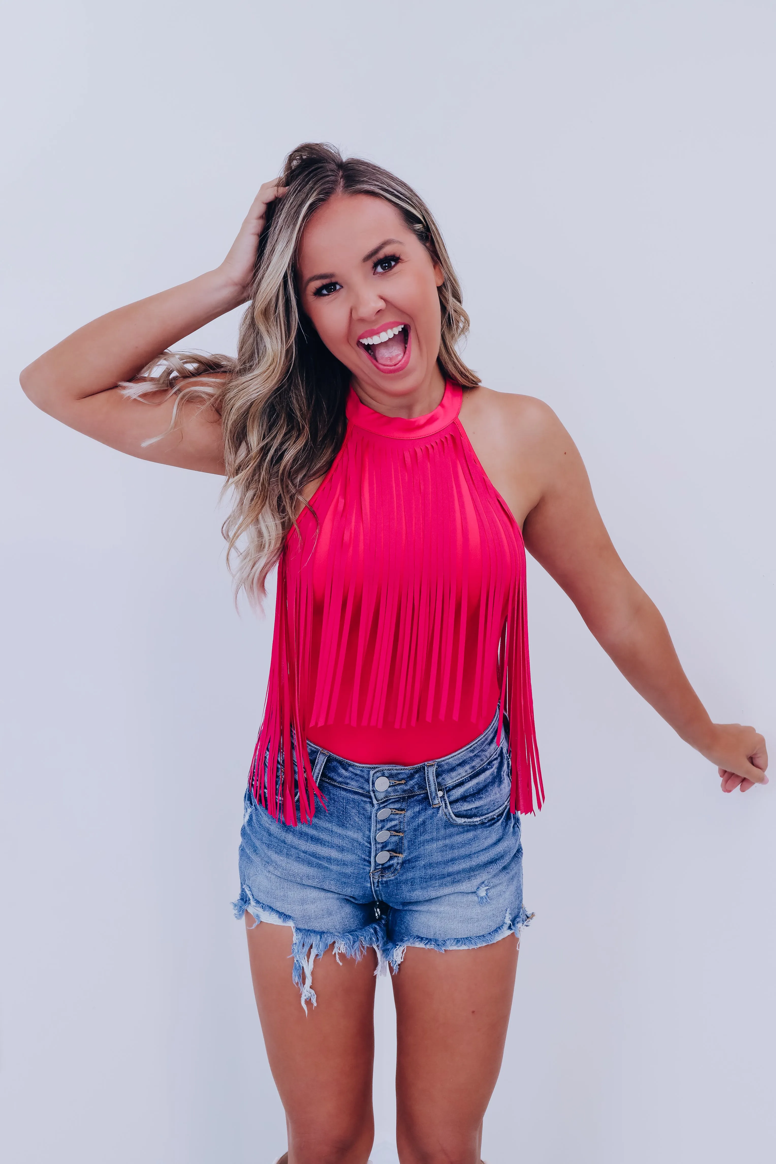 Mineola Mock Neck Fringe Bodysuit - Pink