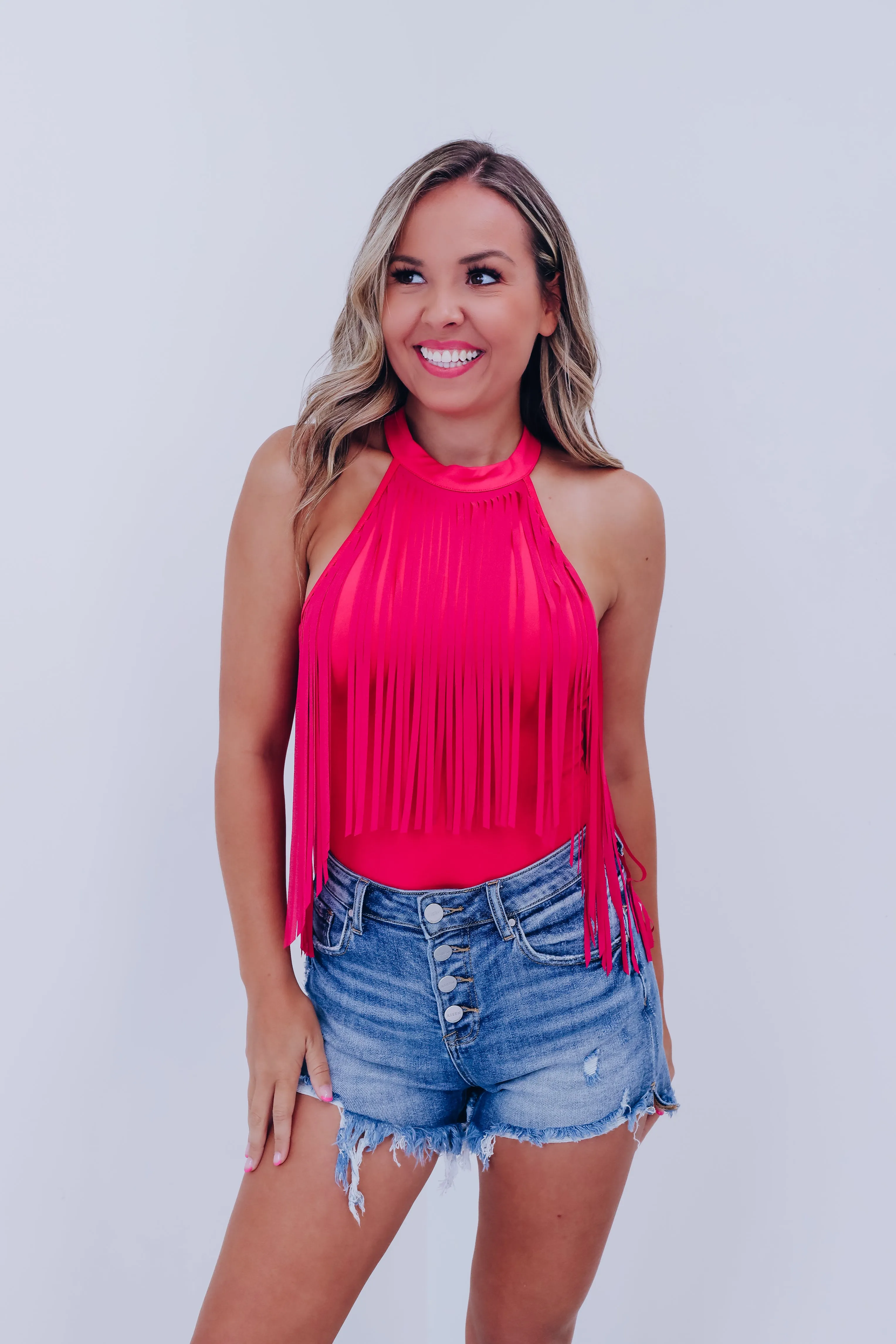 Mineola Mock Neck Fringe Bodysuit - Pink