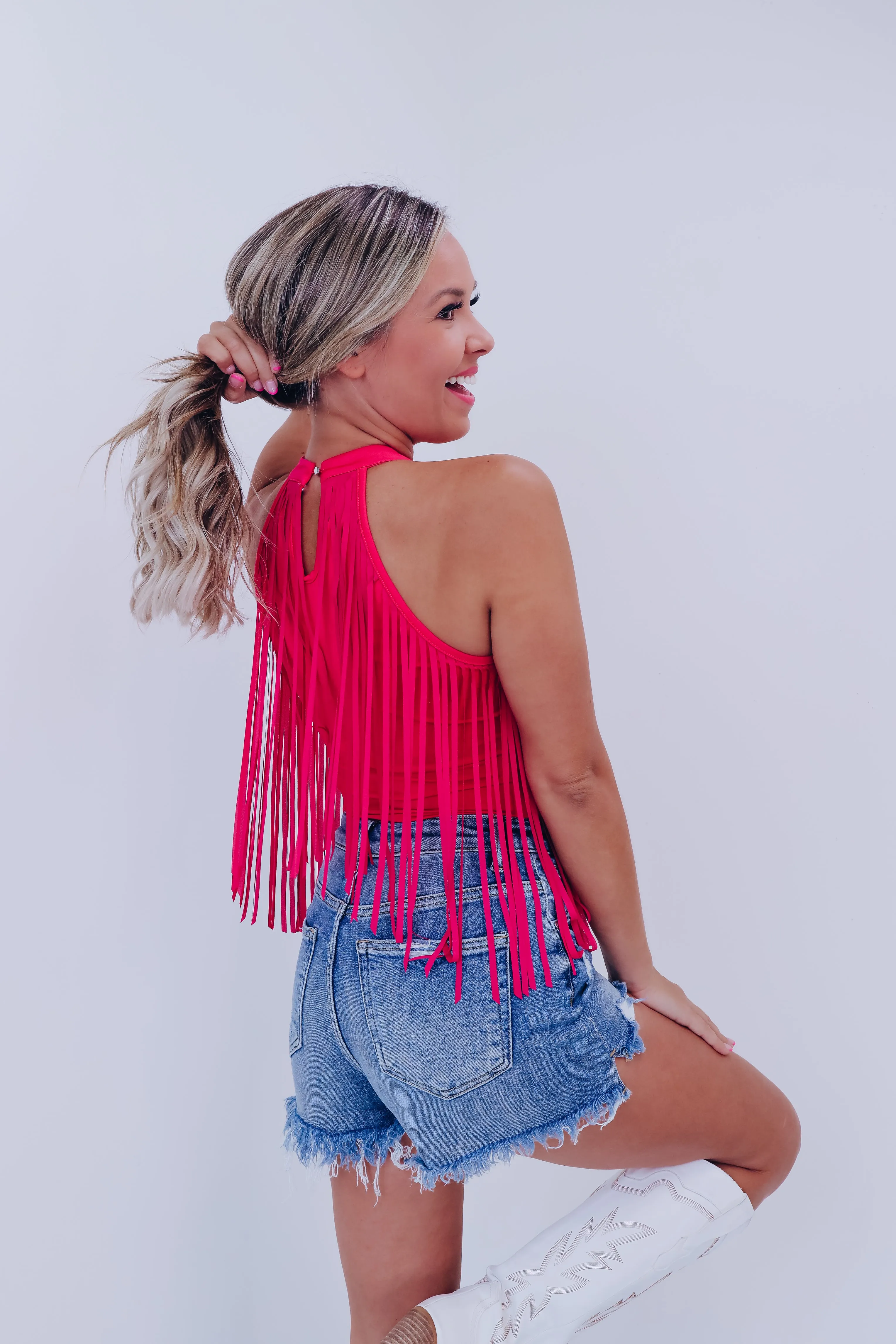 Mineola Mock Neck Fringe Bodysuit - Pink