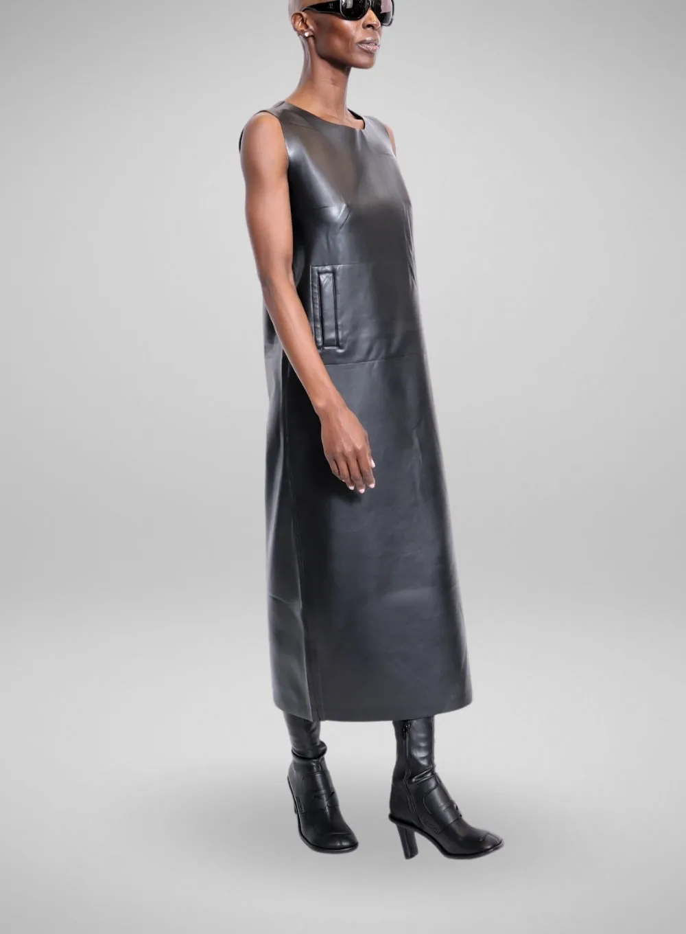 NORMA KAMALI | Faux Leather Sleeveless Side Slit Dress