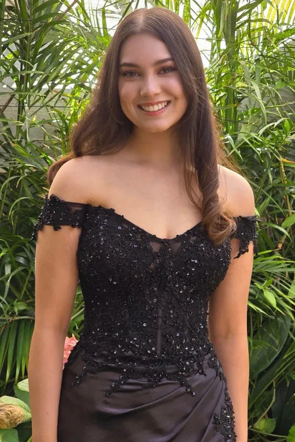 Off Shoulder Mermaid Black Lace Long Prom Dresses with Split TP1309
