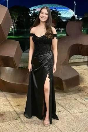 Off Shoulder Mermaid Black Lace Long Prom Dresses with Split TP1309