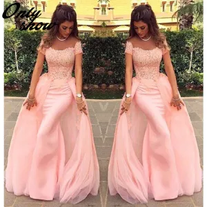 Off Shoulder Pink Prom Dresses,Short Sleeve Prom Dress,Evening Dress