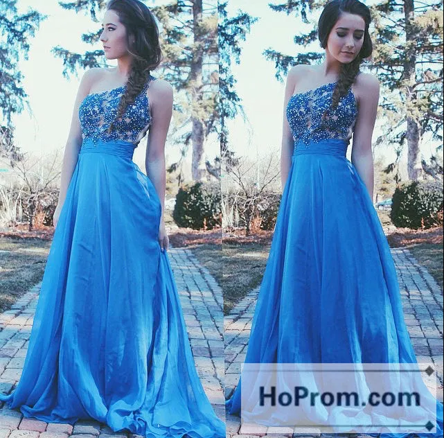 One Shoulder Blue Beading Prom Dresses Evening Dress