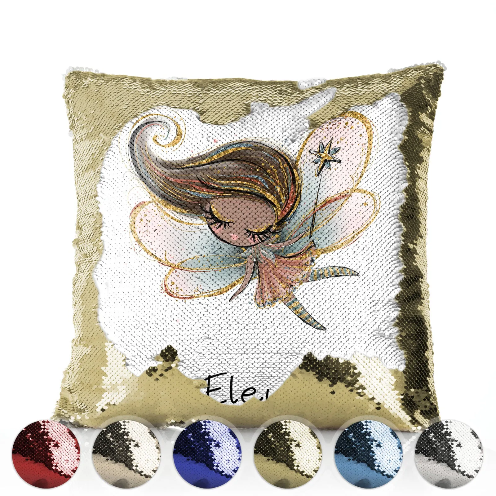 Personalised Sequin Cushion with Cute Text and Gold Wand Light Brown Hair Fairy