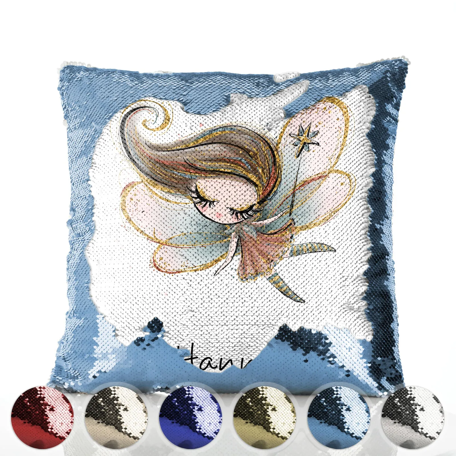 Personalised Sequin Cushion with Cute Text and Gold Wand Light Brown Hair Fairy