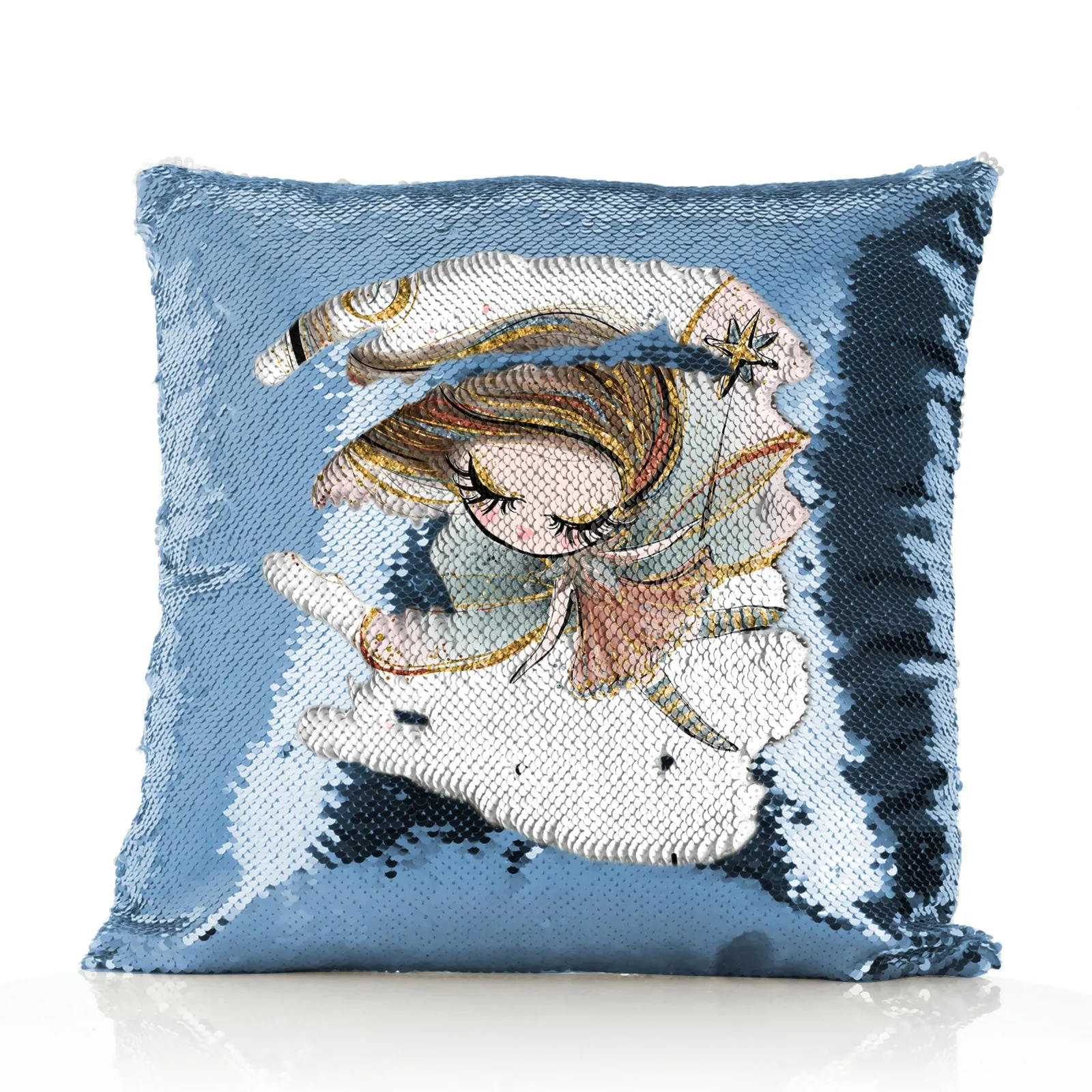 Personalised Sequin Cushion with Cute Text and Gold Wand Light Brown Hair Fairy