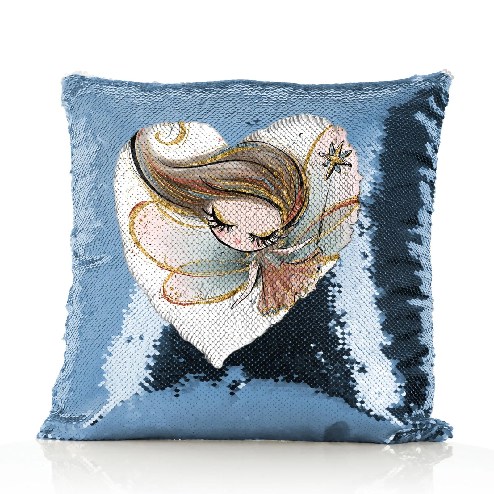 Personalised Sequin Cushion with Cute Text and Gold Wand Light Brown Hair Fairy