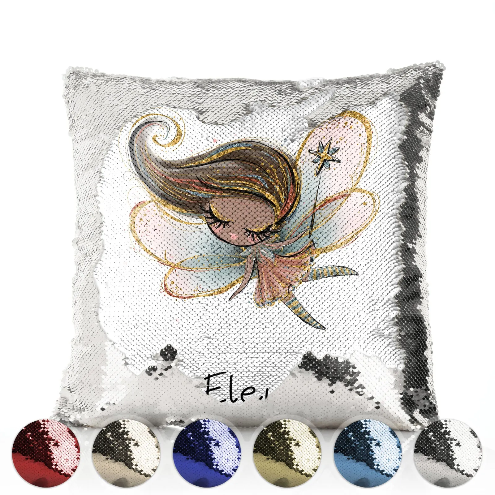 Personalised Sequin Cushion with Cute Text and Tree Stump Gold Wand Fairy