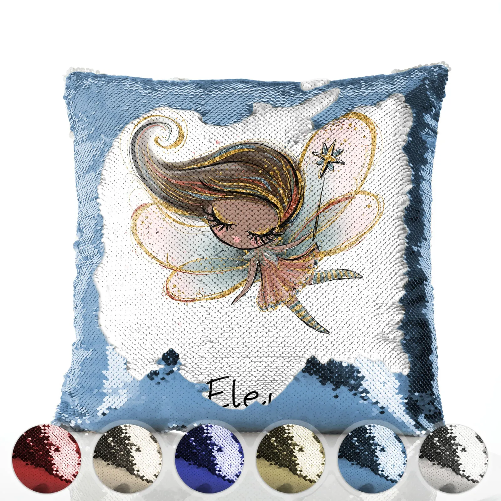 Personalised Sequin Cushion with Cute Text and Tree Stump Gold Wand Fairy