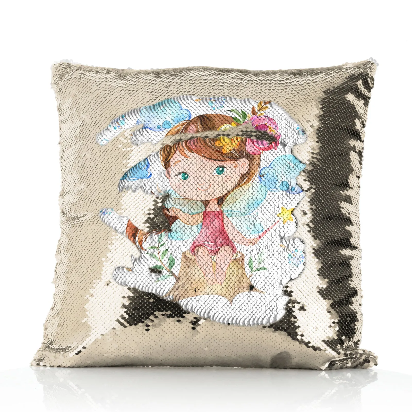 Personalised Sequin Cushion with Cute Text and Tree Stump Gold Wand Fairy